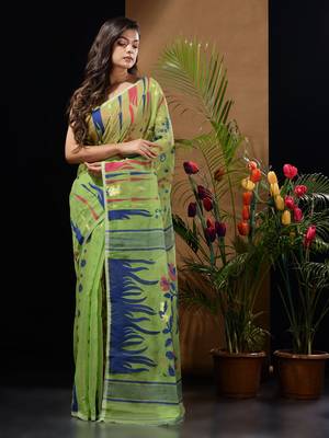 Light Green Silk Cotton Handwoven Jamdani Saree With Woven Motifs And Floral Designs Without Blouse 2