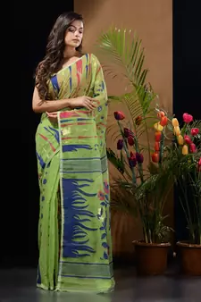 Light Green Silk Cotton Handwoven Jamdani Saree With Woven Motifs And Floral Designs Without Blouse