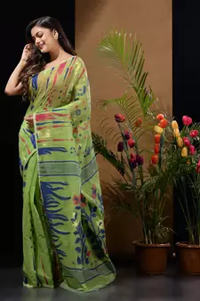 Light Green Silk Cotton Handwoven Jamdani Saree With Woven Motifs And Floral Designs Without Blouse