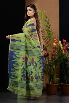 Light Green Silk Cotton Handwoven Jamdani Saree With Woven Motifs And Floral Designs Without Blouse