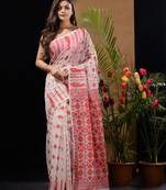 White And Red Handwoven Silk Cotton Jamdani Saree With Woven Designs