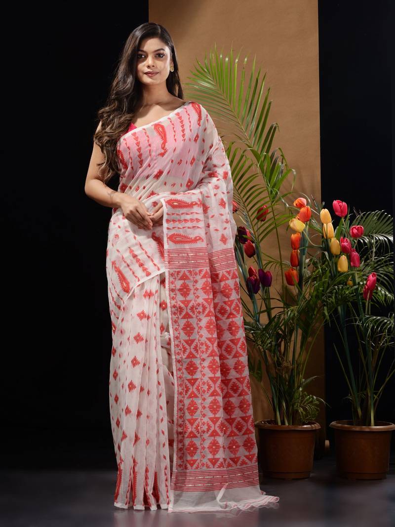 White And Red Handwoven Silk Cotton Jamdani Saree With Woven Designs
