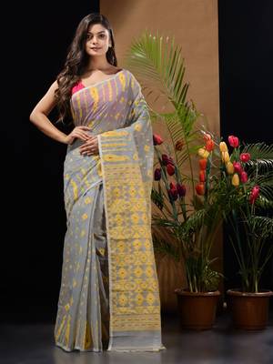 Grey And Yellow Handwoven Silk Cotton Jamdani Saree With Woven Designs Without Blouse 1