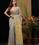 Grey And Yellow Handwoven Silk Cotton Jamdani Saree With Woven Designs Without Blouse