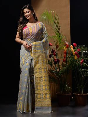 Grey And Yellow Handwoven Silk Cotton Jamdani Saree With Woven Designs Without Blouse 2