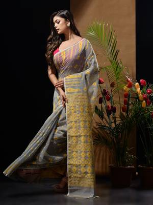 Grey And Yellow Handwoven Silk Cotton Jamdani Saree With Woven Designs Without Blouse 3
