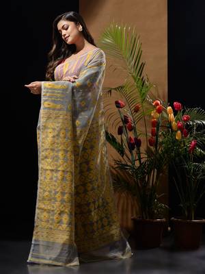 Grey And Yellow Handwoven Silk Cotton Jamdani Saree With Woven Designs Without Blouse 4