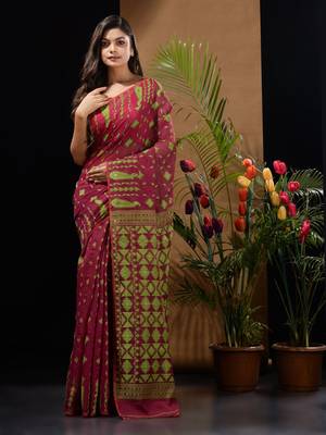 Magenta And Green Handwoven Silk Cotton Jamdani Saree With Woven Designs Without Blouse 1