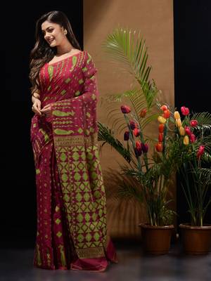 Magenta And Green Handwoven Silk Cotton Jamdani Saree With Woven Designs Without Blouse 2