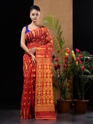 Red And Yellow Handwoven Silk Cotton Jamdani Saree With Woven Designs Without Blouse 1