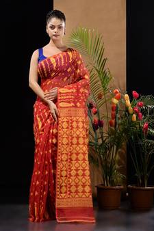 Red And Yellow Handwoven Silk Cotton Jamdani Saree With Woven Designs Without Blouse