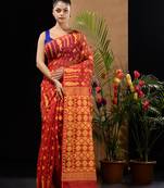 Red And Yellow Handwoven Silk Cotton Jamdani Saree With Woven Designs Without Blouse