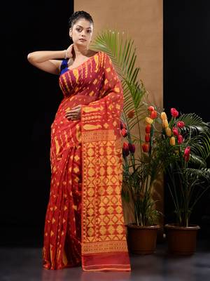 Red And Yellow Handwoven Silk Cotton Jamdani Saree With Woven Designs Without Blouse 2
