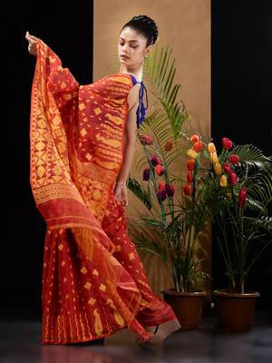 Red And Yellow Handwoven Silk Cotton Jamdani Saree With Woven Designs Without Blouse 3