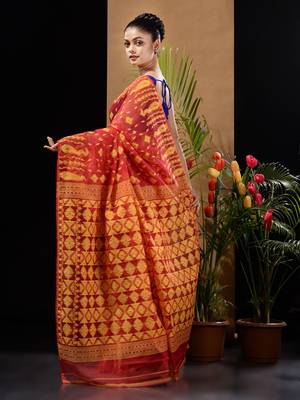 Red And Yellow Handwoven Silk Cotton Jamdani Saree With Woven Designs Without Blouse 4