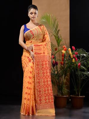 Yellow And Red Handwoven Silk Cotton Jamdani Saree With Woven Designs Without Blouse 1