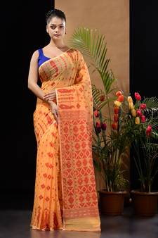 Yellow And Red Handwoven Silk Cotton Jamdani Saree With Woven Designs Without Blouse