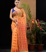 Yellow And Red Handwoven Silk Cotton Jamdani Saree With Woven Designs Without Blouse