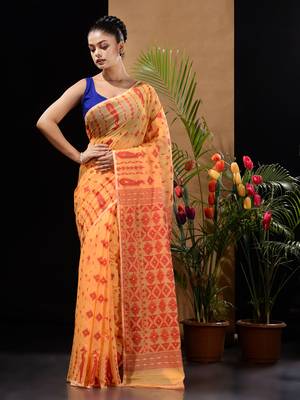 Yellow And Red Handwoven Silk Cotton Jamdani Saree With Woven Designs Without Blouse 2