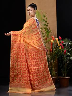 Yellow And Red Handwoven Silk Cotton Jamdani Saree With Woven Designs Without Blouse 4