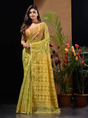 Pale Olive And Yellow Handwoven Silk Cotton Jamdani Saree With Woven Designs Without Blouse 1