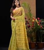 Pale Olive And Yellow Handwoven Silk Cotton Jamdani Saree With Woven Designs Without Blouse