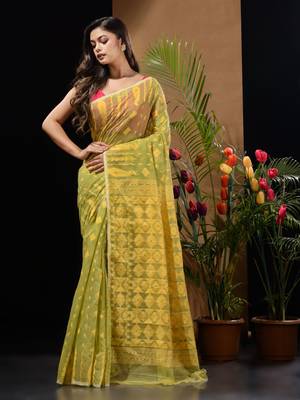 Pale Olive And Yellow Handwoven Silk Cotton Jamdani Saree With Woven Designs Without Blouse 2