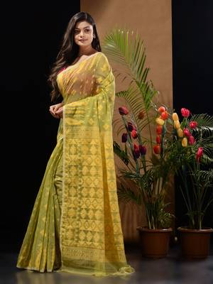 Pale Olive And Yellow Handwoven Silk Cotton Jamdani Saree With Woven Designs Without Blouse 3