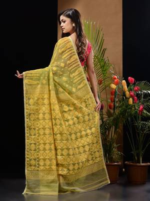 Pale Olive And Yellow Handwoven Silk Cotton Jamdani Saree With Woven Designs Without Blouse 4