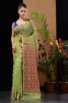 Green And Magenta Handwoven Silk Cotton Jamdani Saree With Woven Designs Without Blouse