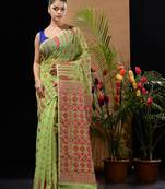 Green And Magenta Handwoven Silk Cotton Jamdani Saree With Woven Designs Without Blouse