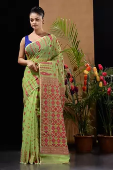 Green And Magenta Handwoven Silk Cotton Jamdani Saree With Woven Designs Without Blouse