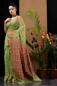 Green And Magenta Handwoven Silk Cotton Jamdani Saree With Woven Designs Without Blouse