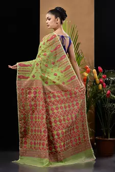 Green And Magenta Handwoven Silk Cotton Jamdani Saree With Woven Designs Without Blouse