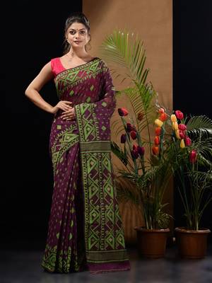 Purple And Green Handwoven Silk Cotton Jamdani Saree With Woven Designs Without Blouse 1