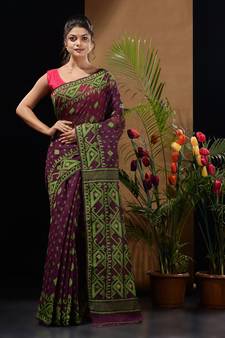 Purple And Green Handwoven Silk Cotton Jamdani Saree With Woven Designs Without Blouse