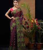 Purple And Green Handwoven Silk Cotton Jamdani Saree With Woven Designs Without Blouse