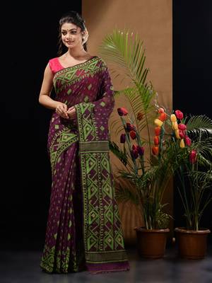 Purple And Green Handwoven Silk Cotton Jamdani Saree With Woven Designs Without Blouse 2