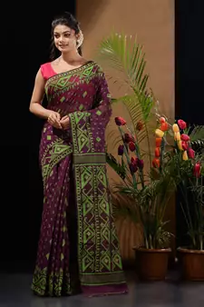 Purple And Green Handwoven Silk Cotton Jamdani Saree With Woven Designs Without Blouse