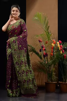 Purple And Green Handwoven Silk Cotton Jamdani Saree With Woven Designs Without Blouse