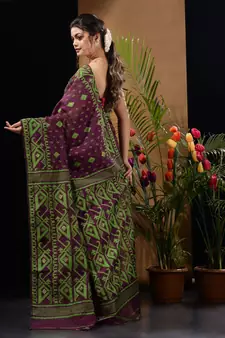 Purple And Green Handwoven Silk Cotton Jamdani Saree With Woven Designs Without Blouse