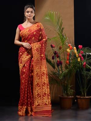 Dark Red And Yellow Handwoven Silk Cotton Jamdani Saree With Woven Designs Without Blouse 1