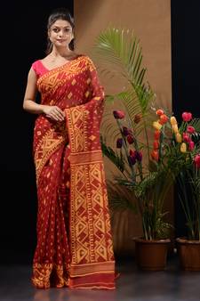 Dark Red And Yellow Handwoven Silk Cotton Jamdani Saree With Woven Designs Without Blouse
