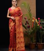 Dark Red And Yellow Handwoven Silk Cotton Jamdani Saree With Woven Designs Without Blouse
