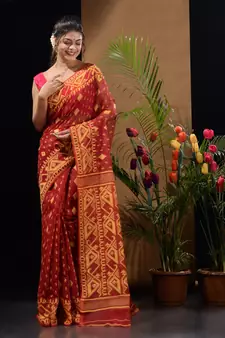 Dark Red And Yellow Handwoven Silk Cotton Jamdani Saree With Woven Designs Without Blouse