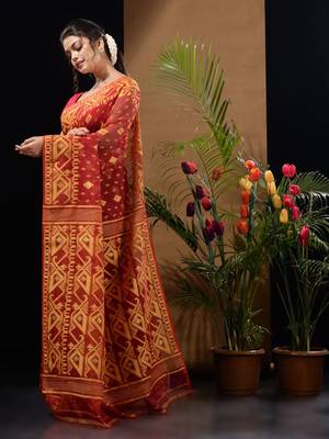 Dark Red And Yellow Handwoven Silk Cotton Jamdani Saree With Woven Designs Without Blouse 3