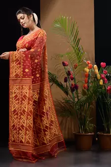 Dark Red And Yellow Handwoven Silk Cotton Jamdani Saree With Woven Designs Without Blouse
