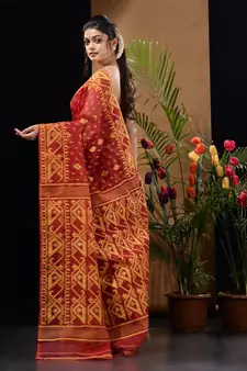 Dark Red And Yellow Handwoven Silk Cotton Jamdani Saree With Woven Designs Without Blouse