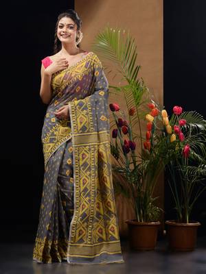 Grey And Yellow Handwoven Silk Cotton Jamdani Saree With Woven Designs 1