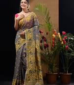 Grey And Yellow Handwoven Silk Cotton Jamdani Saree With Woven Designs